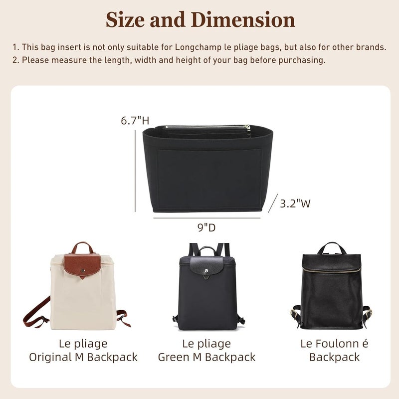 Doxo Backpack Organzier Insert for Longchamp Le Pliage Bag, Premium Felt Organizer with 8 Compartments and Zippered Pocket Bottle Pocket(Black, Backpack) - Image 4